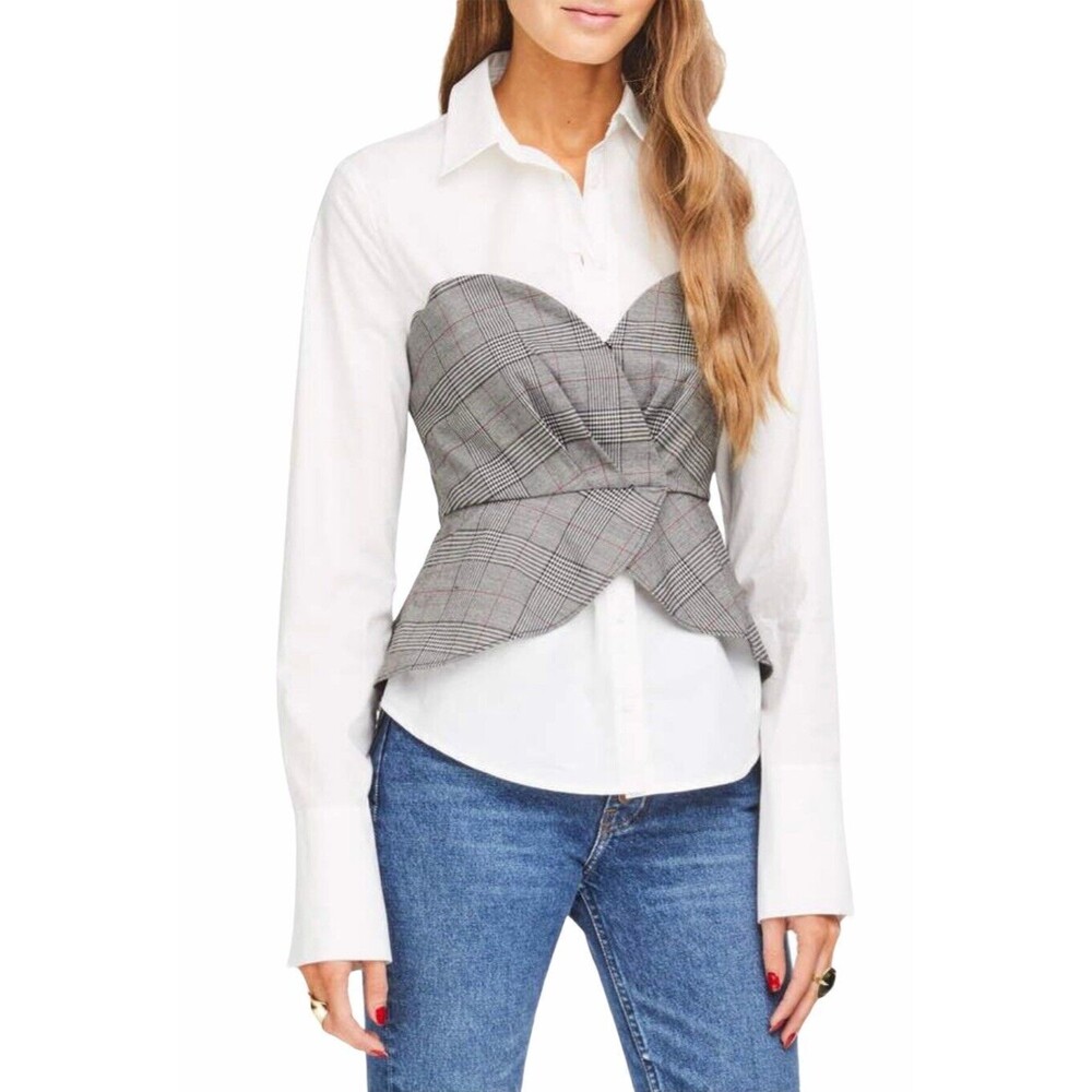 ASTR The Label Womens Noah Blouse Grey Plaid Button-Front Shirt Top Size S NWT